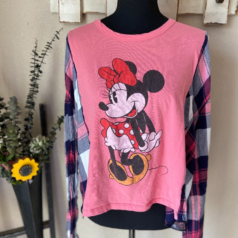 Disney Minnie Mouse Pink Refashioned Reworked Upcycled Flannel ~M/L See Measures